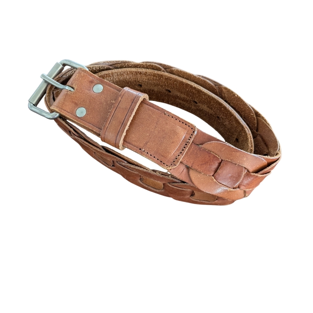 Vintage Brown Leather Braided Woven Belt Silver Buckle Made in Brazil‎ 37.5 "